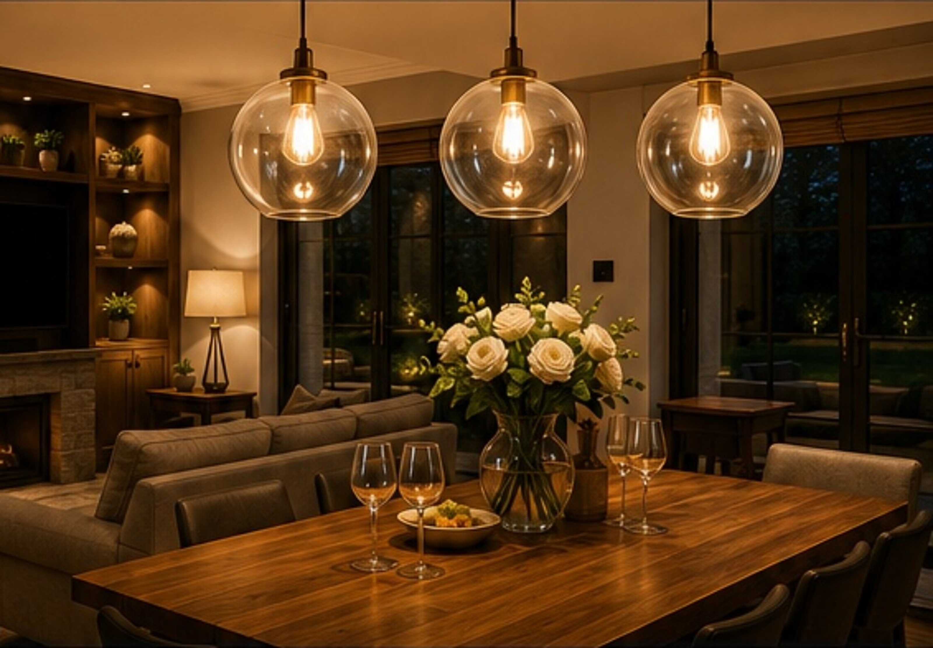 Elegant dining room illuminated by warm feature lighting