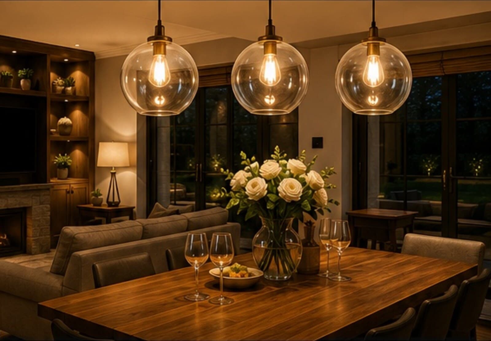 Elegant dining room illuminated by warm feature lighting
