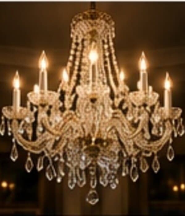 Crystal chandelier lit in an elegant room
