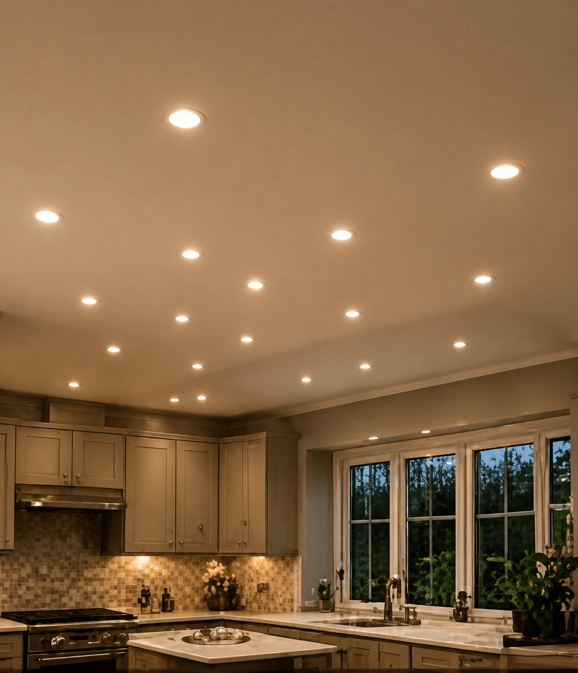 Recessed LED downlights illuminating a home interior