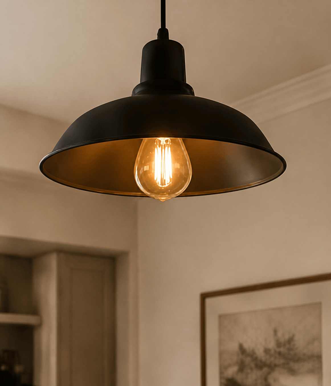 Decorative pendant light fitting in a finished interior